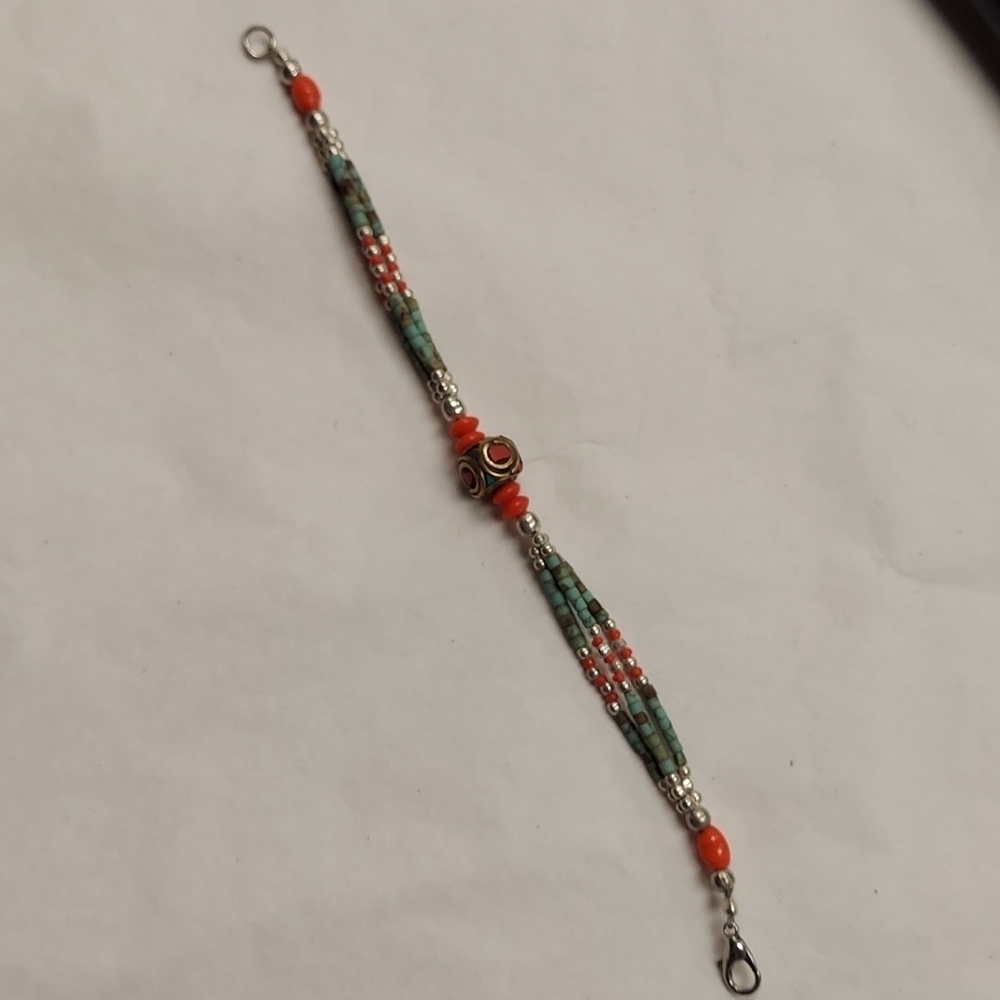 RED Coral & Tibetan Turquoise Silver Bracelet